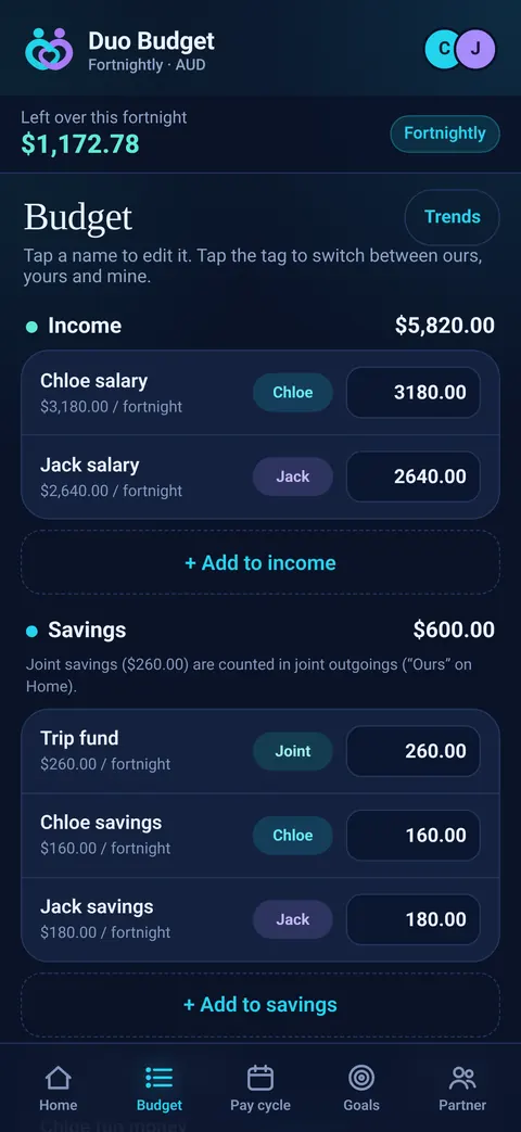 Duo Budget budget screen on iPhone in dark mode