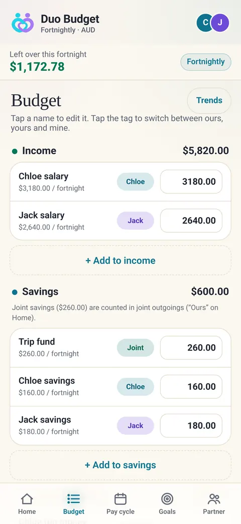 Duo Budget budget screen on iPhone in light mode